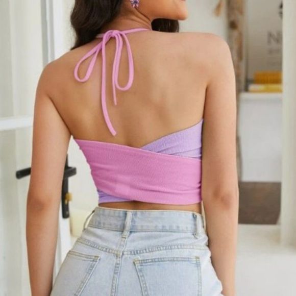 SHEIN Two Tone Tie Front Halter Top - Picture 2 of 8